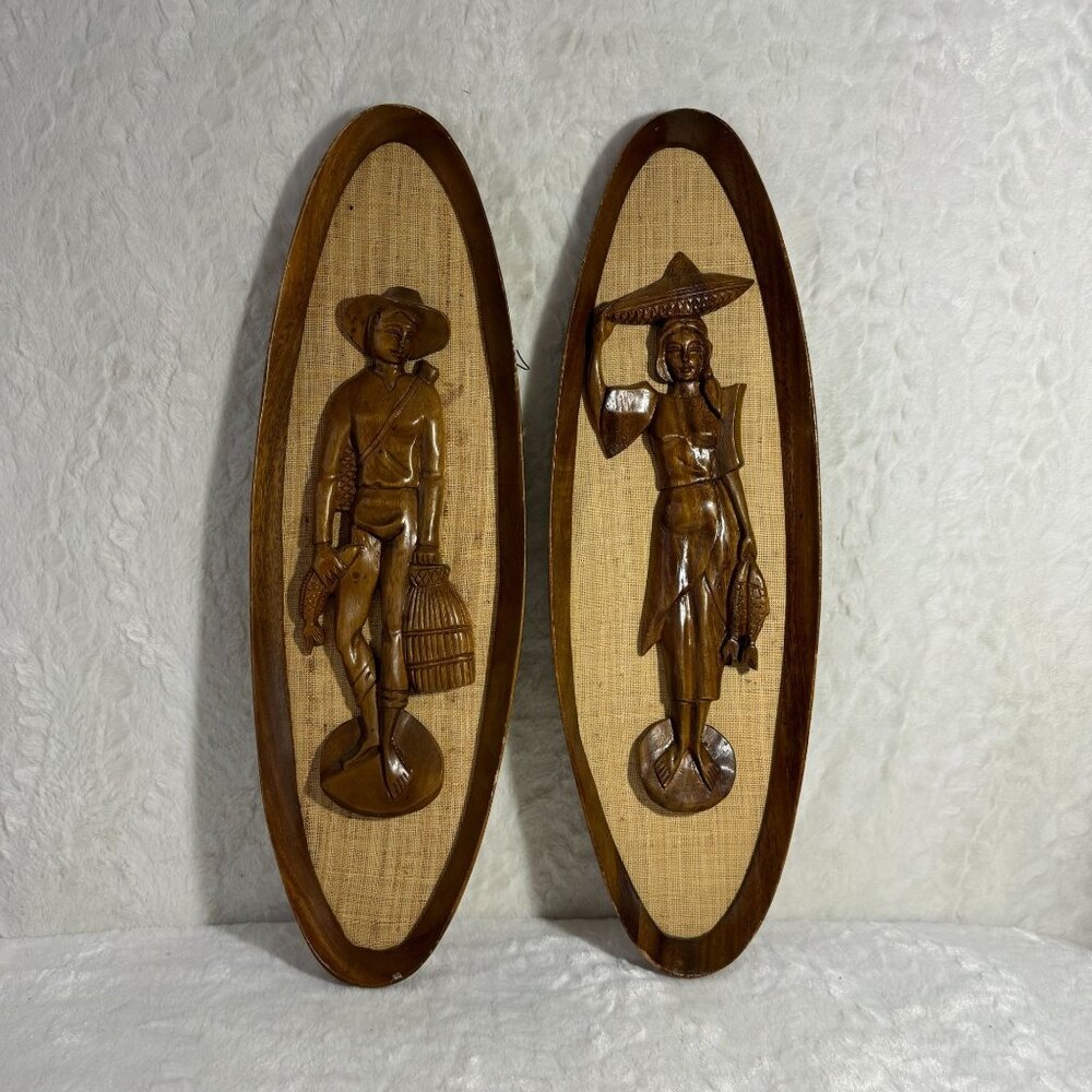 Vintage Hand-Carved Teak Wood Wall Art Panels Figures Woven Backgrounds MCM Fish